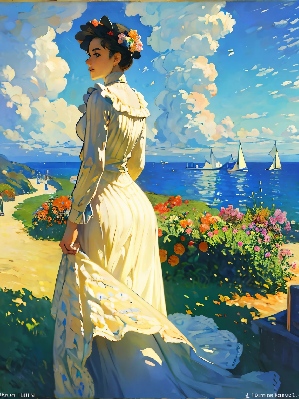 Beautiful oil painting landscape of the Canary Islands in the style of Claude Monet, official art, Impressionism、Floating thinly sliced oranges in iced tea on the terrace facing the sea、 The summer wind hurries across the sea and sandy beaches.、 I miss the young, bright dancers who were dancing like crazy.
