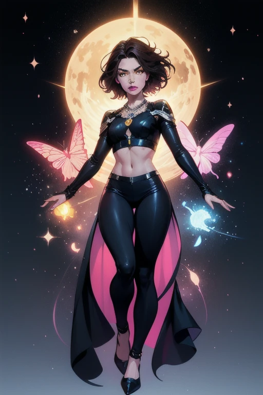 A full body illustration of a woman with light skin color, big colorful eyes (colorful eyes), wide dark brown eyebrows, a button nose, faint freckles, a heart shaped face, pink lips with a soft Cupid’s bow, her hair is chin length and short with a middle part and butterfly cut (short hair) (middle part) (galaxy), her hair is a dark brown (very dark brown hair) but has a galaxy in them and dozens of stars. She has a serious and intimidating expression. She is wearing an all black pantsuit (black pantsuit) with a black crop top, black fingerless gloves, many necklaces (many necklaces) (many rings), and black flats. She is floating and her hair is floating too. The background is a city at twilight with purple and dark blue. Next to her is a blue man with yellow eyes (yellow eyes) (blue skin) and a blue Devil tail (blue Devil tail) he’s wearing a black and red spandex suit.