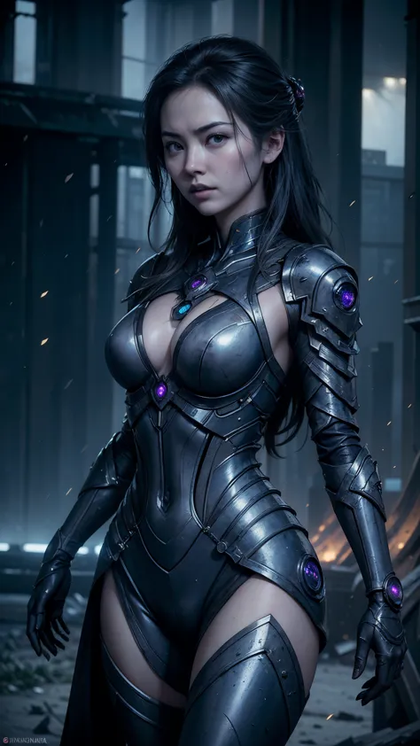 (((Jessica Henwick con una armadura futurista de asesino ninja cyberpunk, shiny robotic ninja armor )), (dynamic pose), ,(Fondo ...