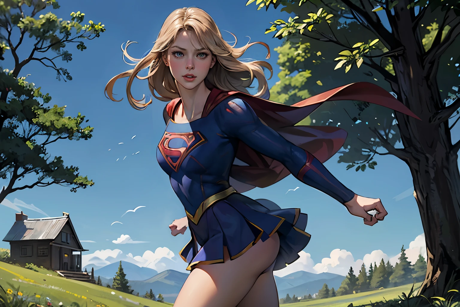 ((highest quality)), ((masterpiece)), (be familiar with), (High definition), (Realistic), (Realistic), (Best Shadow), Low contrast, (Complex:1.4), Side lighting, 8K, ((melissa Benoist)), ((SUPER GIRL)), Perfect Face、Detailed、(Accurate hand and finger depiction)、supergirl women、Blonde、Voluptuous body、Large Breasts、Narrow waist、Big Ass、Alluring、glamorous、(Action Scenes)、(Supergirl kicking her enemy)、sweating、On the grass、in the deep forest、blue sky