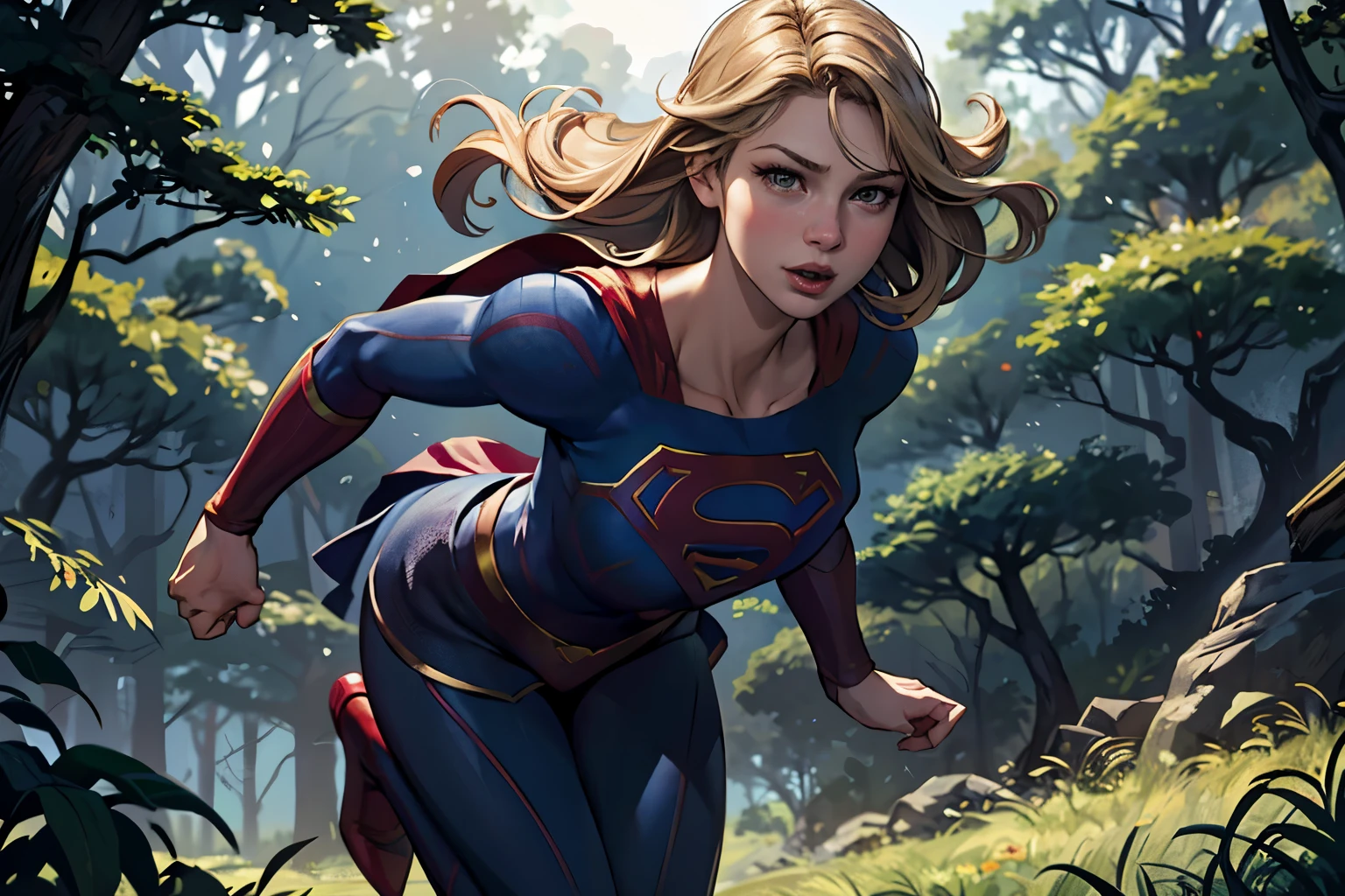 ((highest quality)), ((masterpiece)), (be familiar with), (High definition), (Realistic), (Realistic), (Best Shadow), Low contrast, (Complex:1.4), Side lighting, 8K, ((melissa Benoist)), ((SUPER GIRL)), Perfect Face、Detailed、(Accurate hand and finger depiction)、supergirl women、Blonde、Voluptuous body、Large Breasts、Narrow waist、Big Ass、Alluring、glamorous、(Action Scenes)、(Supergirl kicking her enemy)、sweating、On the grass、in the deep forest、blue sky