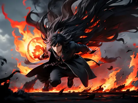 Jin Kajima, dressed in black, despairing as he hits the ground in a heated hell filled with black smoke and hook-shaped flames.