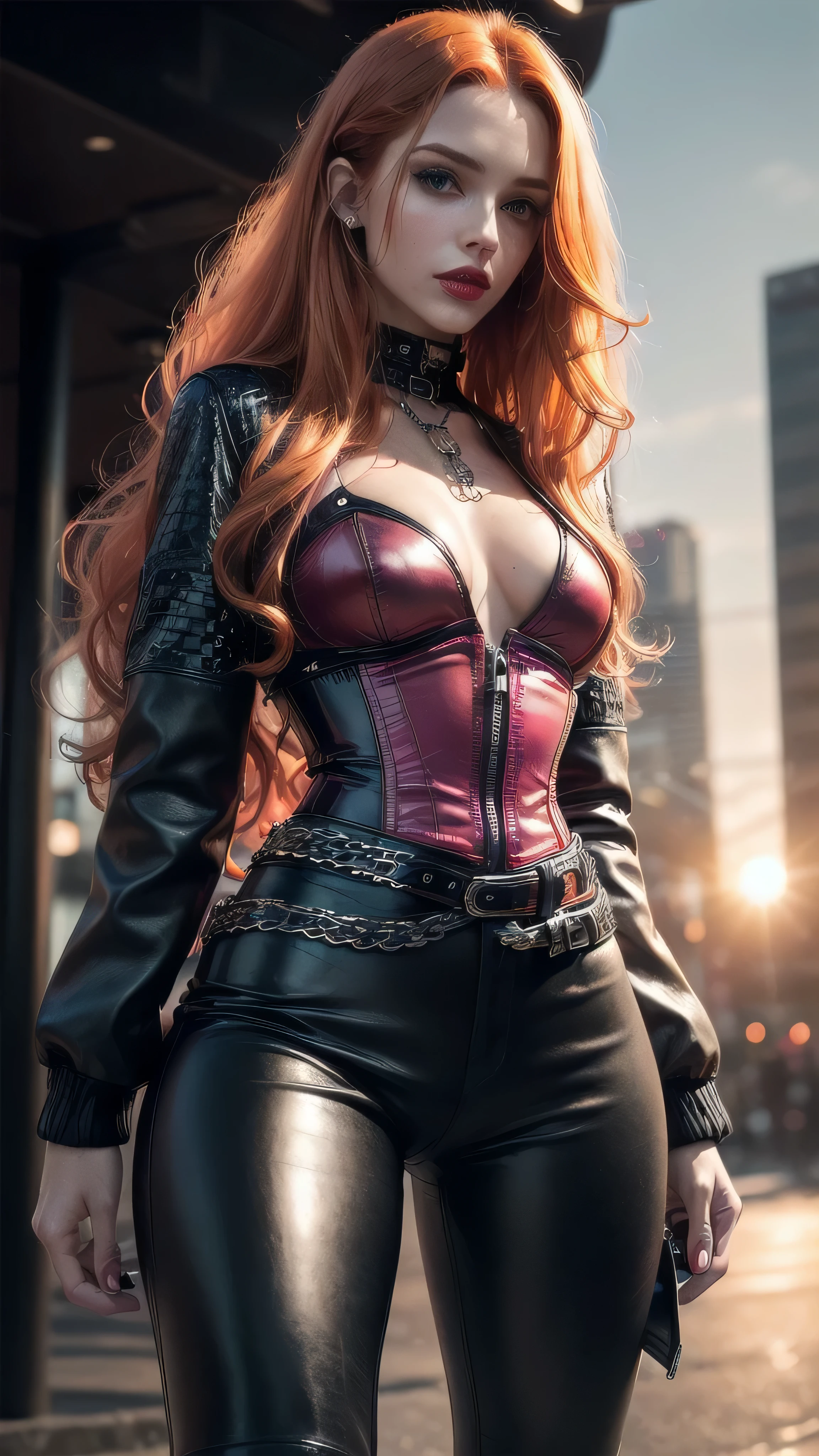 (masterpiece), (extremely intricate:1.3), (realistic), girl, (((long curly [blonde hair:bright ginger hair:0.4], (([flat chest:medium breasts:0.8])), upper body, ((makeup:1.6, leather pants, perfectchainmail black jacket), red lips, bright sunlight, sunset, tattoo:1.4, hotpink silk corset)))), outdoors, metal reflections, ((((futuristic cyberpunk street, dangerous)))), professional photograph, soft focus, dramatic, award winning, cinematic lighting, volumetrics dtx, (film grain, blurry background, blurry foreground, bokeh, depth of field), 8K
