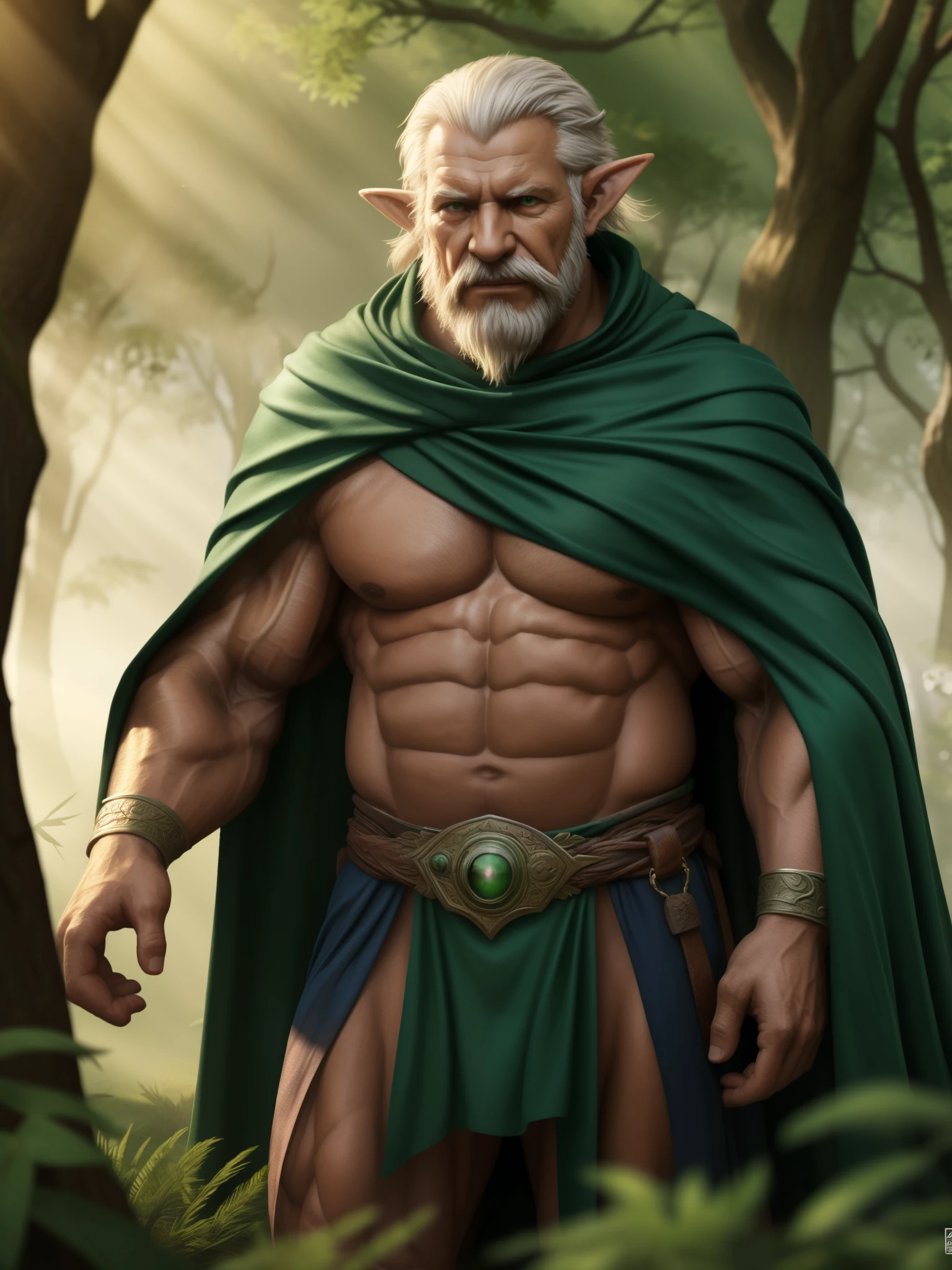 (best quality,4k,8k,highres,masterpiece:1.2),ultra-detailed,(realistic,photorealistic,photo-realistic:1.37),huge muscular elf in ancient forest,old,old man,muscular,[ancient forest],[moss-covered ground],[majestic trees],mysterious fog,AncientElvenArmor,enchanted glowing sword,aged face with long white beard and wrinkles,wisdom in the eyes,serene expression,cape flowing in the wind,sunlight filtering through the branches,evokes a sense of magic and tranquility,portraits,green color palette,soft lighting