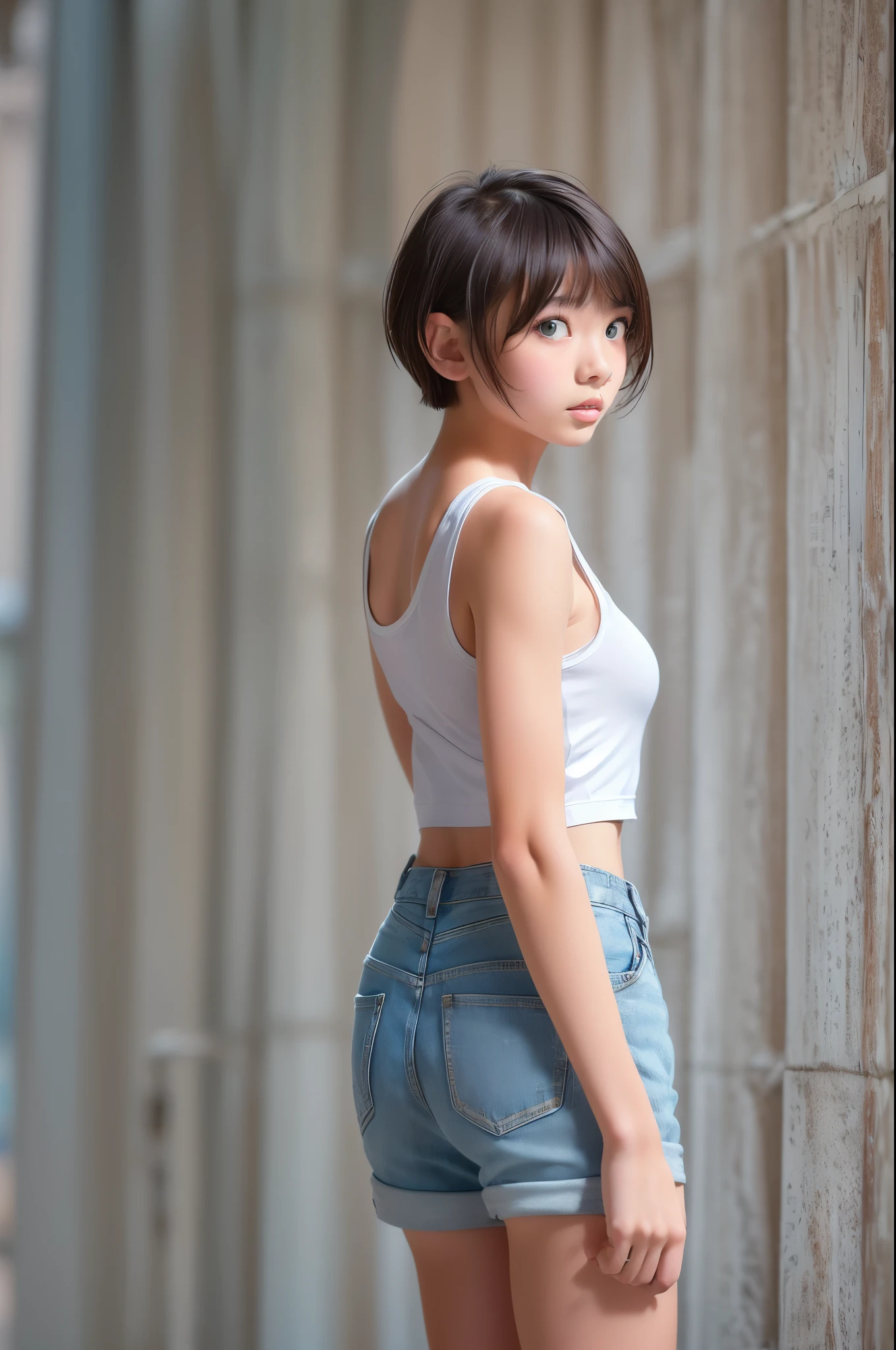 ((sfw: 1.4)), (( extra short hair, sidelocks-hair, 1Girl)),solo,((18 years old)), (wearing  white tanktop:1.5),((short denim pants)) Ultra High Resolution, (Realistic:1.4), RAW Photo, Best Quality, (Photorealistic Stick), Focus, Soft Light, ,((Japanese)), (( (young face))), (surface), (depth of field), masterpiece, (realistic), , bangs,,()