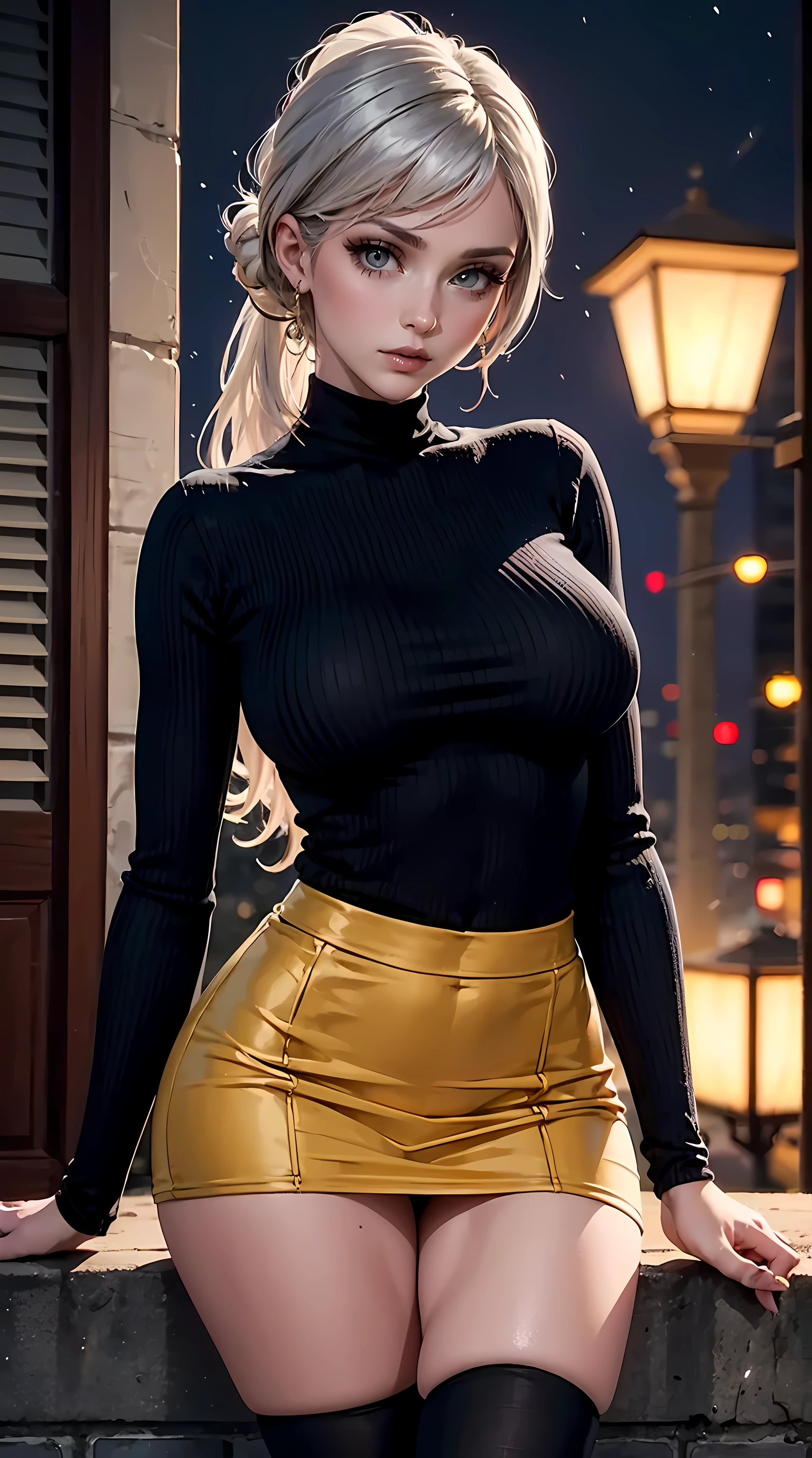 Beautiful gray hair woman is shown to have a slender figure, she is wearing a nsfw turtleneck sweater and cute skirt, high socks,, choker, sexy look, long thin ponytail, beautiful eyes, girl in night life ,sexy session, sexy pose, cowboy shot, superior quality, many details, realistic