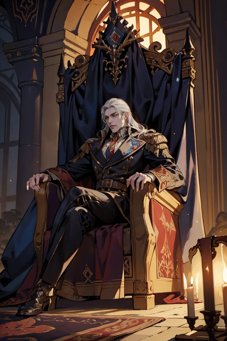 Castlevania Shadow Lord Handsome Lord Muscular Dracula Chatting in Throne Room with Male Advisors Around Him Surreal Ultra Detailed Dynamic Poses Ultra Detailed Faces Surreal Ultra Detailed Scene Epic Legend Perspective Environment