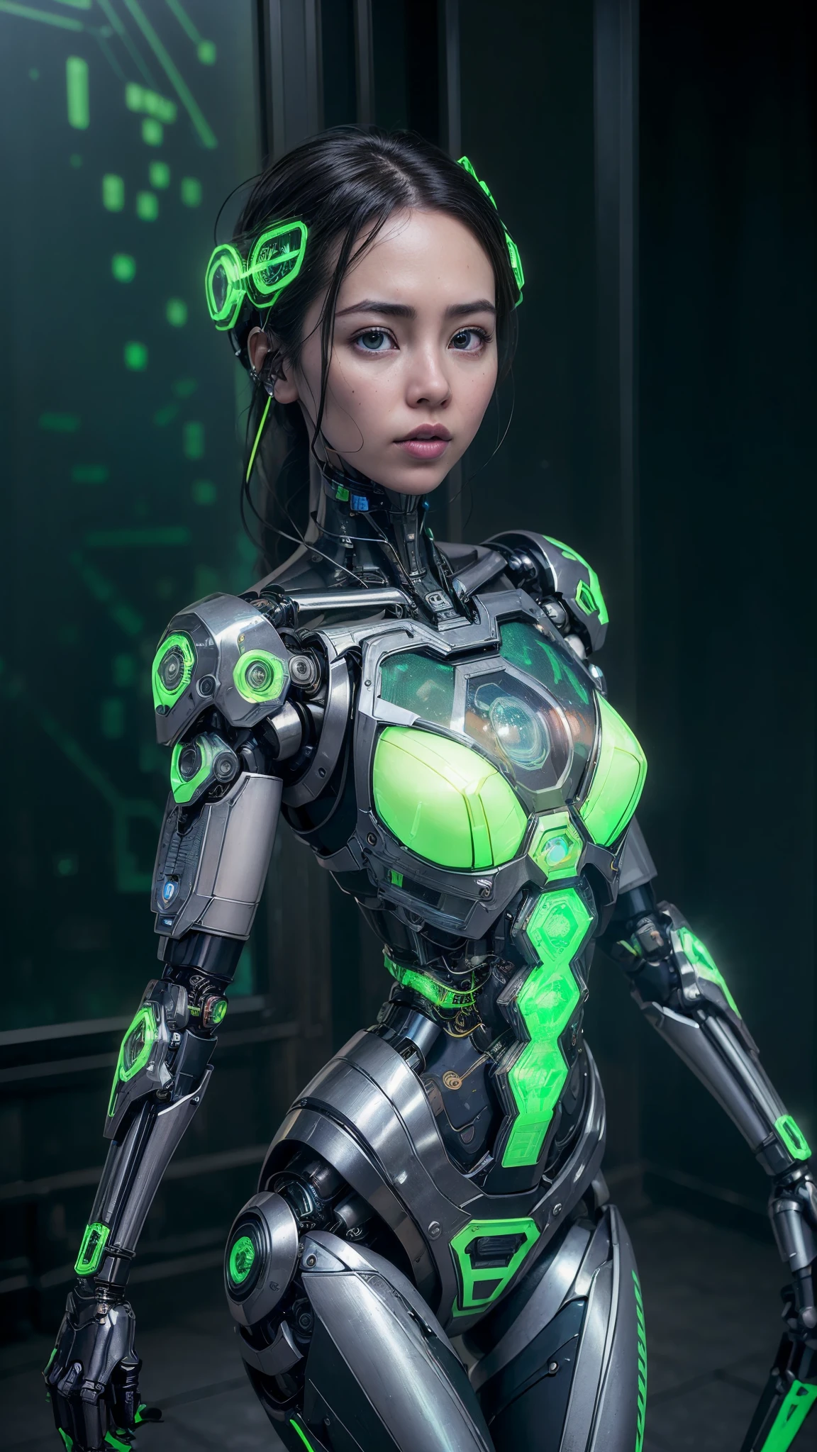 (((Jessica Henwick trägt eine futuristische Cyberpunk-Ninja-Attentäter-Rüstung, glänzende Roboter-Ninja-Rüstung )), (dynamische pose), (Meisterwerk), (hyper Realist:1.4), (Realist:1.3), ,(Zerstörter Kerkerruinenhintergrund:1.4 ), (Haut mit echter Textur in bester Qualität.),  (filmische Beleuchtung), (Filmszene), 1Schöne Frau, (Helles Licht), sehr detaillierte Haut, poros de la piel, (Sehr detailliertes Gesicht:1.1), (sehr detaillierte Augen:1.1), Realist pupils, (perfekte Anatomie:1.1), (perfekte Proportionen:1.1), (Fotografie:1.1), (photoRealist:1.1), Volumetrische Beleuchtung, dynamische Beleuchtung, echte Schatten, (hohe Auflösung:1.1), Scharfer Fokus, (Realist, hyperRealist:1.4), kompliziert, Hohe Detailgenauigkeit, dramatisch, Untergrunddispersion, große Schärfentiefe, lebendig, pulido, scharf, ((voll akut)), (extrem absurd),8KHDR, ((Cyberpunk-Hintergrund der Stadt Hongkong)), (Jessica Henwick:1.4), (Jessica Henwick V2.1), (mechanischer Cyborg aus transparentem Glas:1.4), (helle Farben), (elektronische Schaltung Neongrünglas :1.4), (Kleine LED:1.4) 