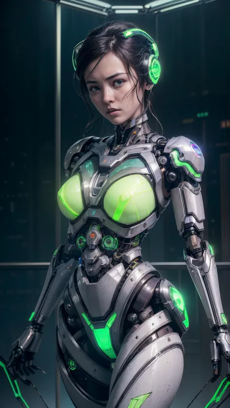 (((Jessica Henwick con una armadura futurista de asesino ninja cyberpunk, shiny robotic ninja armor )), (dynamic pose), (Obra ma...