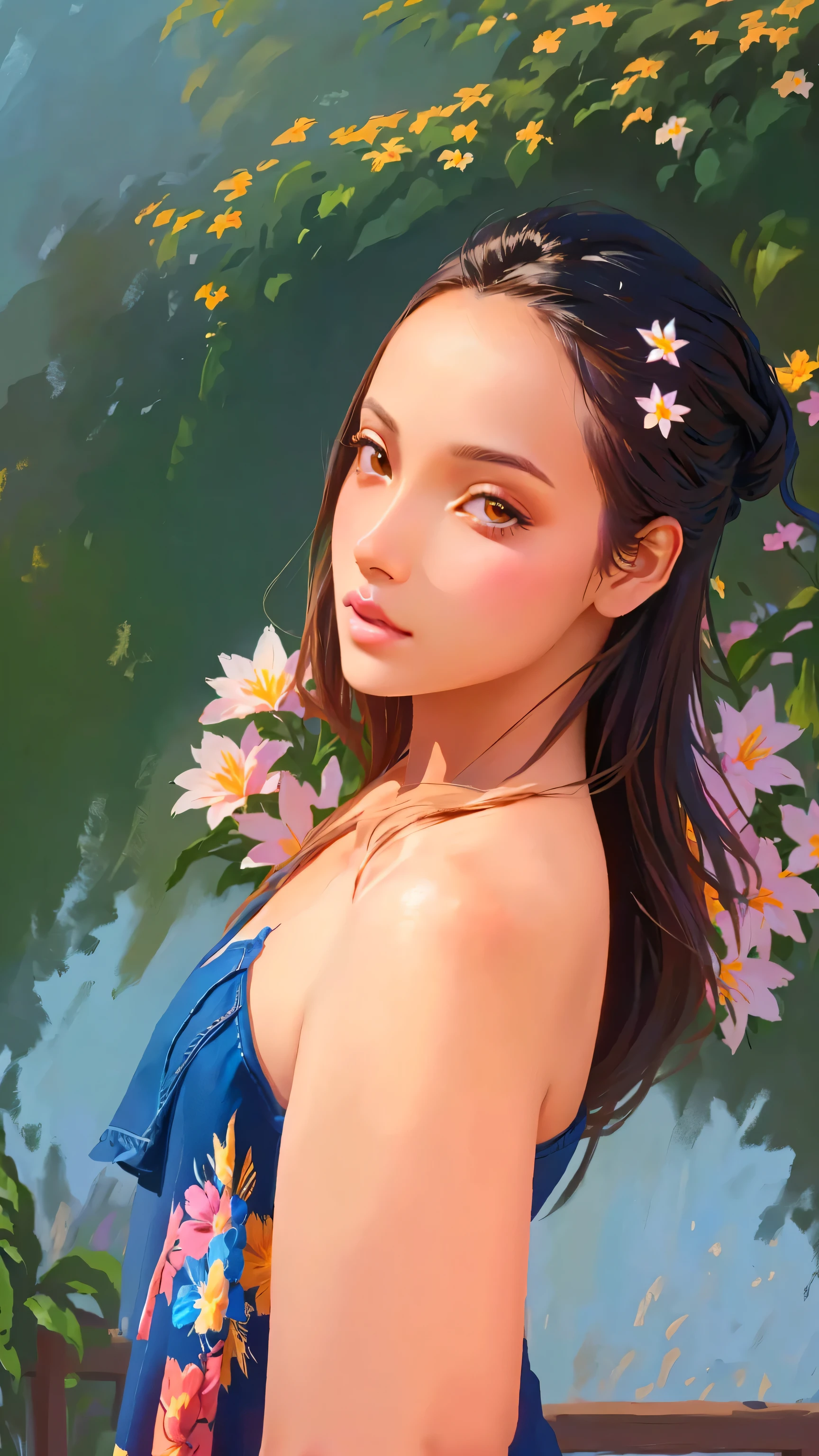 1girl, realistic, medium skin, side view, looking at viewer, detailed eyes, lips and face, long eyelashes, natural expression, flowing hair, casual clothing, standing in a garden, surrounded by colorful flowers, warm sunlight, vibrant colors, oil painting style