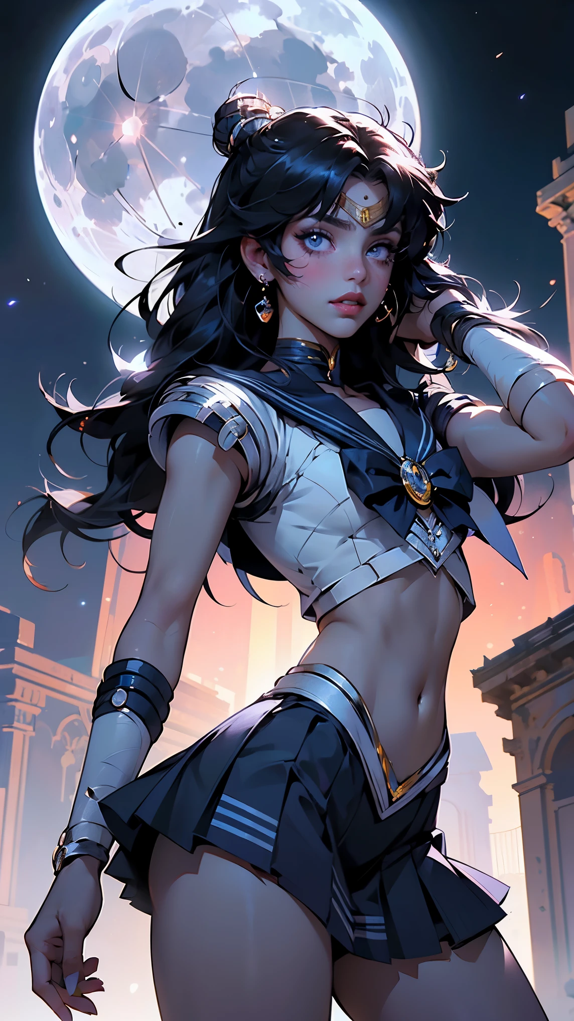 (La mejor calidad,A high resolution,Ultra - detallado,actual),Ariana Grande es sailor moon Luna,top ajustados rotos,(miniskirt white roto),,(Fondo de ruinas de mazmorra en ruinas:1.4 ), (background city apocalyptic building destroyed), More detailed 8K.motor irreal:1.4,UHD,La mejor calidad:1.4, fotorrealista:1.4, textura de la piel:1.4, obra maestra:1.8,obra-prima, mejor calidad,objeto Objeto], (detailed face features:1.3),(Las proporciones correctas),(Ojos hermosos azules),  (pose vaquero), (vestuario colegiala sexy white sailor moon luna:1.4), (cabello white canoso:1.4), (sailor moon luna:1.4), ,( ciberpunk 2.1), (sailor moon luna V2.1), (Detalles de la cara: 1.5, ojos azules brillantes, hermoso rostro, ojos bonitos, Contorno del iris, labios delgados: 1.5, Thin, sharp pale eyebrows, Long, dark eyelashes, double tabs),(colores brillantes),( Small LED:1.4) 