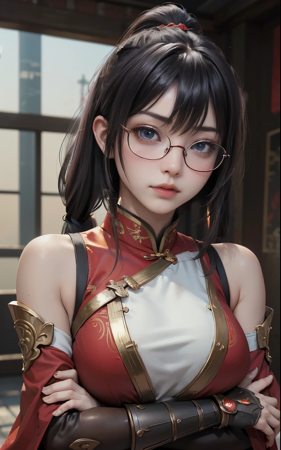 Game Art，Best image quality，Highest Resolution，8K，(BustPhotos)，(Bust:1.5)，(Head close-up)，(Three-part method)，Unreal Engine 5 rendering， (Future Girl)，(Woman warrior)， 
20 year old girl，(Ancient Chinese Warriors)，(Short ponytail hairstyle)，Eye for detail，(Big Breasts)，Elegant and noble，Indifference，(smile)，
(Chinese swordsman costume elements，ancient chinese character costume，armor，The costume is red and gold，Heavy Armor，Joint armor)，(Chinese Hanfu:1.3)，shape，Fantasy Style，
Photo pose，Wild background，Cinema Lighting，Ray Tracing，Game CG，((3D Unreal Engine))，OC Rendering Reflective Pattern