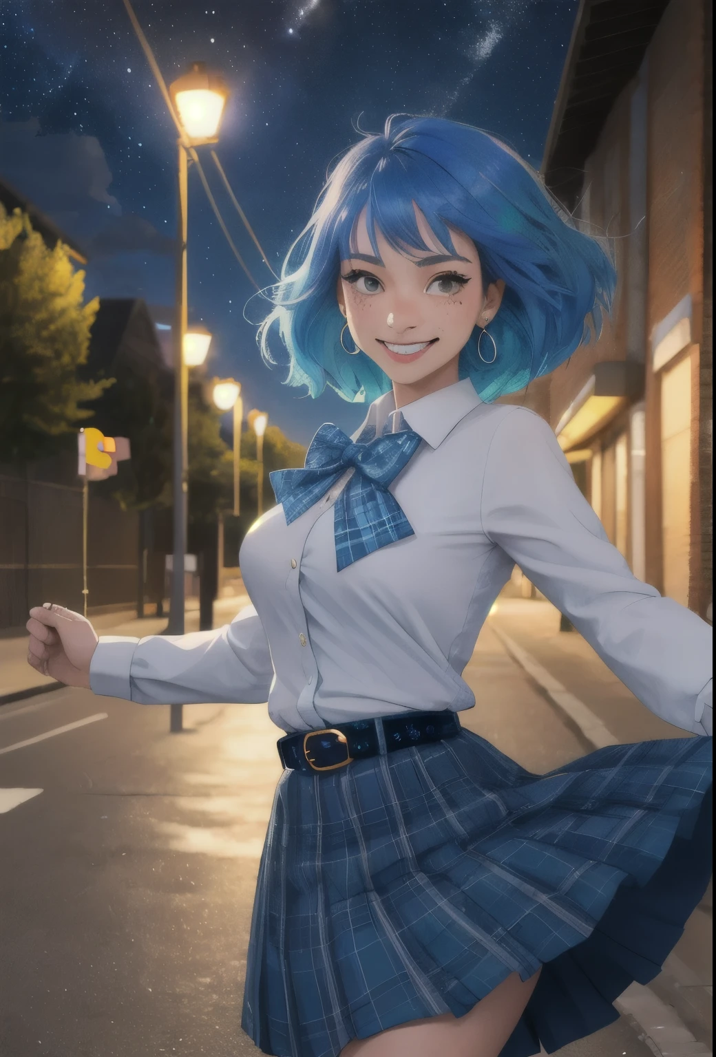 1girl, Holo-Punk Style, masterpiece, best quality, woman, adult, solo, alone, bright blue hair, outdoors, empty street, starry night, bow, short school skirt, blue plaid skirt, freckles, smile, large breasts, dance, dancing, blue street lamps, blue lighting, perfect face, detailed face, perfect blue lighting, belt, white collar shirt, earrings, wind, windy,