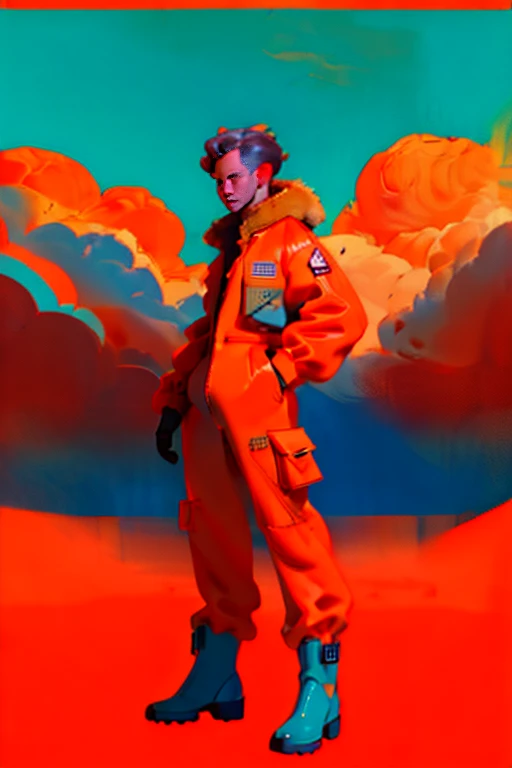 full body image, (ultra detailed,ultra high res,detailed background),((2D)),((flat color)),((muted color)), 1solo, looking at viewer, baggy flight suit, large fur collared bomber jacket, (big red galoshes), plush collar, full body image, square helmet, ((smokey blue background)), ((apocalyptic city)), entire body in frame, 