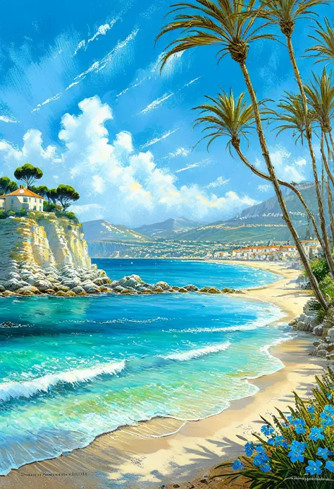 costa azul Francia, paisaje de la costa francesa, make a representative painting of this beautiful tourist landscape, magical, p...
