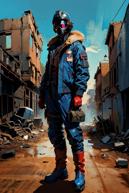 full body image, (ultra detailed,ultra high res,detailed background),((2D)),((flat color)),((muted color)), 1solo, looking at viewer, baggy flight suit, large fur collared bomber jacket, (big red galoshes), plush collar, full body image, square helmet, ((smokey blue background)), ((apocalyptic city)), entire body in frame, 