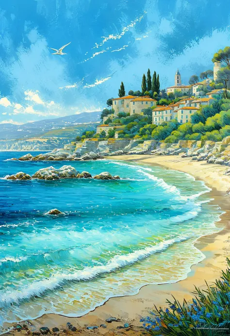 costa azul francia, paisaje de la costa francesa, make a representative painting of this beautiful tourist landscape, magical, p...