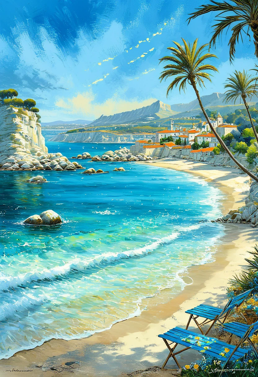 French Riviera, french coast landscape, make a representative painting of this beautiful tourist landscape, magical, painted by a professional painter in the Manuel Fernández García style modern art, Masterpiece, painting awarded for its beauty, vivid and harmonious colors, well-marked pinches, 32k