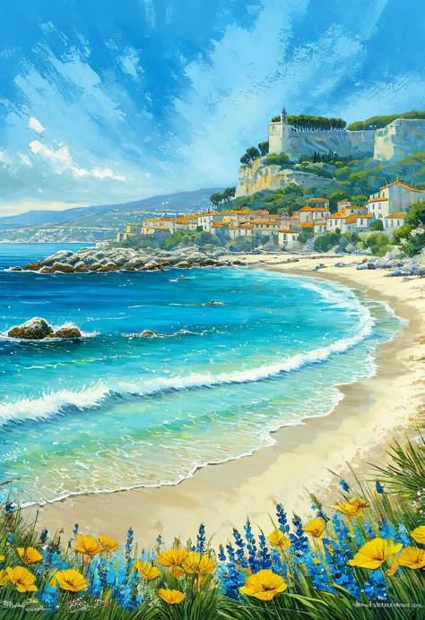 costa azul Francia, paisaje de la costa francesa, make a representative painting of this beautiful tourist landscape, magical, p...