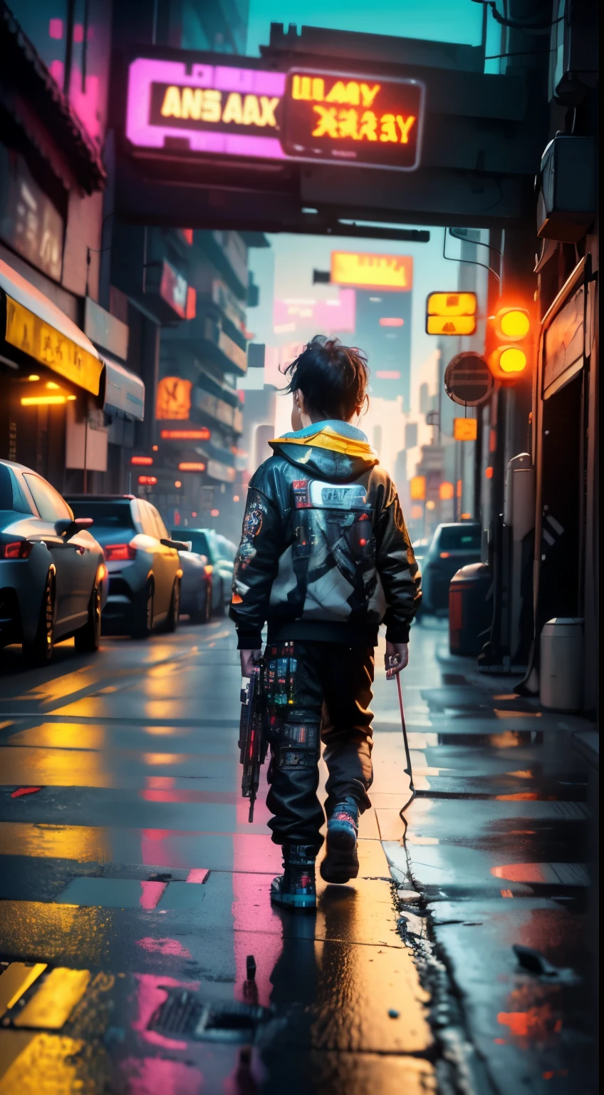 ((Best Quality)), ((Masterpiece)), (Highly Detailed:1.3), 3D, Little Boy, 12 years old, (cyberpunk:1.5), on the street, (holding_weapon:1.3), facing the audience, bright eyes, full body, glowing_eyes, mecha, panorama, f/1.4 lens, cyberpunk background, luminous sign, bokeh background, road, cars, cinematic lights, particles, Reality, HDR (High Dynamic Range), Ray Tracing, NVIDIA RTX, Super Resolution,  Unreal 5, Subsurface Scattering, PBR Textures, Post-Processing, Anisotropic Filtering, Depth of Field, Maximum Clarity and Clarity, Multilayer Textures, Albedo and Specular Maps, Surface Shading, Accurate Simulation of Light-Material Interaction, Perfect Proportions, Octane Render, Two-Tone Lighting, Large Aperture, Low ISO, White Balance, Rule of Thirds, 8K RAW, Efficient Sub-Pixel, Sub-pixel Volume Product,  (best quality), (Liu Yi Fei: 1.5)