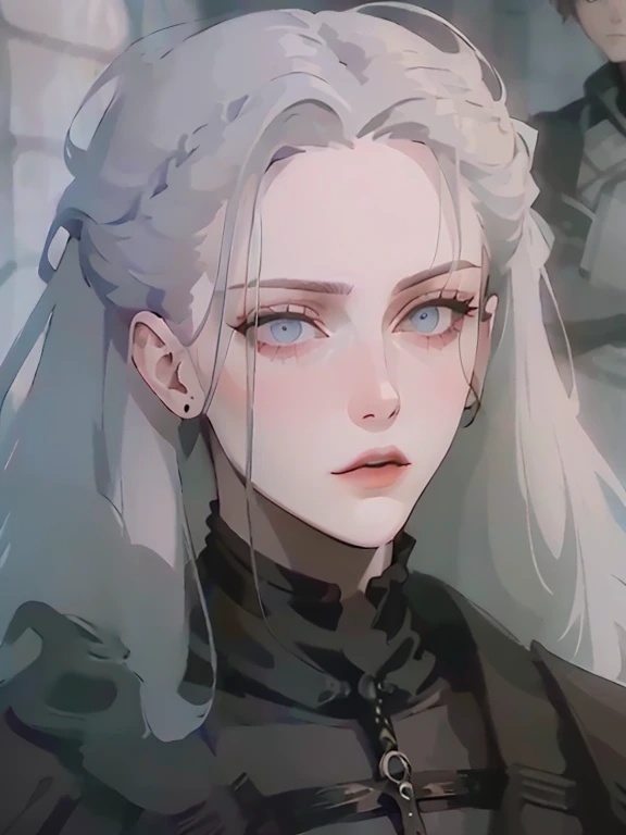 portrait. Cassandra is a tall young woman with pale skin., gray eyes and white wavy hair with gray streaks, braided into a high ponytail with many small braids. Two strands of hair and asymmetrical bangs go down the sides of the face