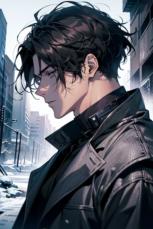 (best quality detailed image beautiful image 8K photorealistic dramatic lighting 1:1) (digital art digital illustration) (camera focused on face in profile) (cold colors dim lighting) Art Manhwa 25 year old man very handsome black hair white and black clothes eyes black people (dreamy expressionless look, perfect face, perfect lines) walking in a chaotic dystopia setting