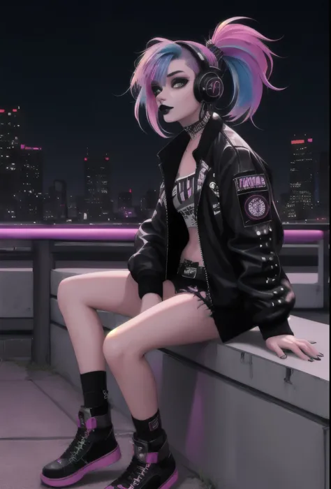 1girl, holo-punk style, woman, perfect body, seductive,
black lipstick,
city at night, outside,
headphones,
mesh,
rainbow hair, ...