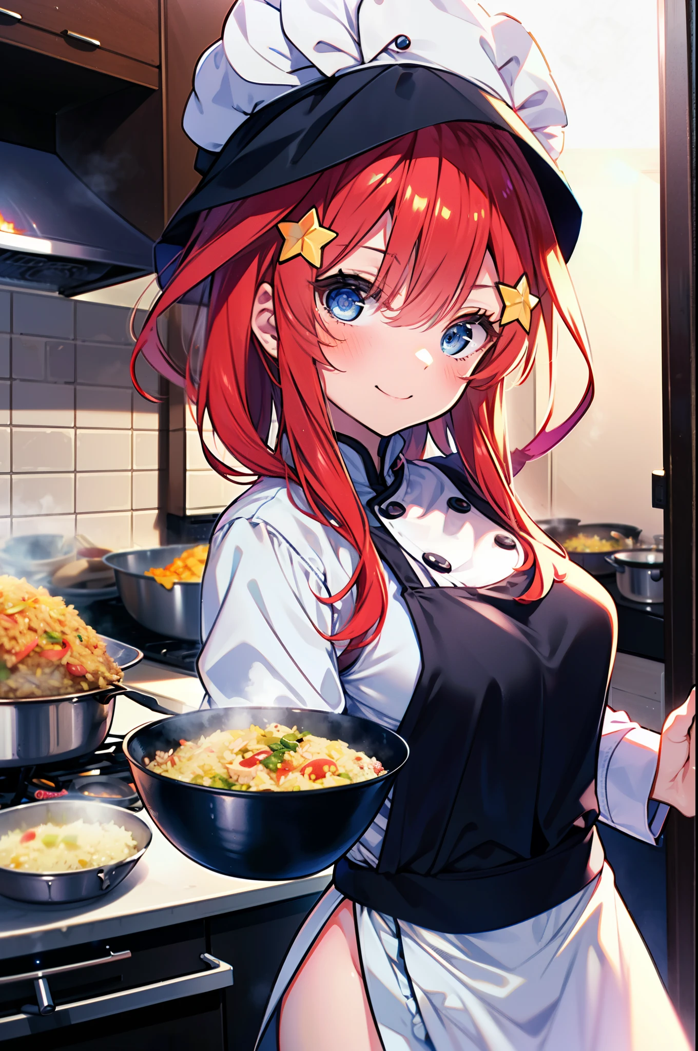 itsukinakano, Itsuki Nakano, bangs, blue eyes, Hair between the eyes, Ahoge, Redhead, star \(symbol\), hair ornaments, star hair ornaments,smile,blush,chef uniform, chef hat, chef, Zend 4y4, cooking, Chinese pan, fire, fried rice, Stove, フレームから足が外れている
break indoors, kitchen,
break looking at viewer, (Cowboy Shot:1.5),
break (masterpiece:1.2), highest quality, High resolution, unity 8k wallpaper, (figure:0.8), (Beautiful fine details:1.6), Highly detailed face, Perfect lighting, Highly detailed CG, (Perfect hands, Perfect Anatomy),