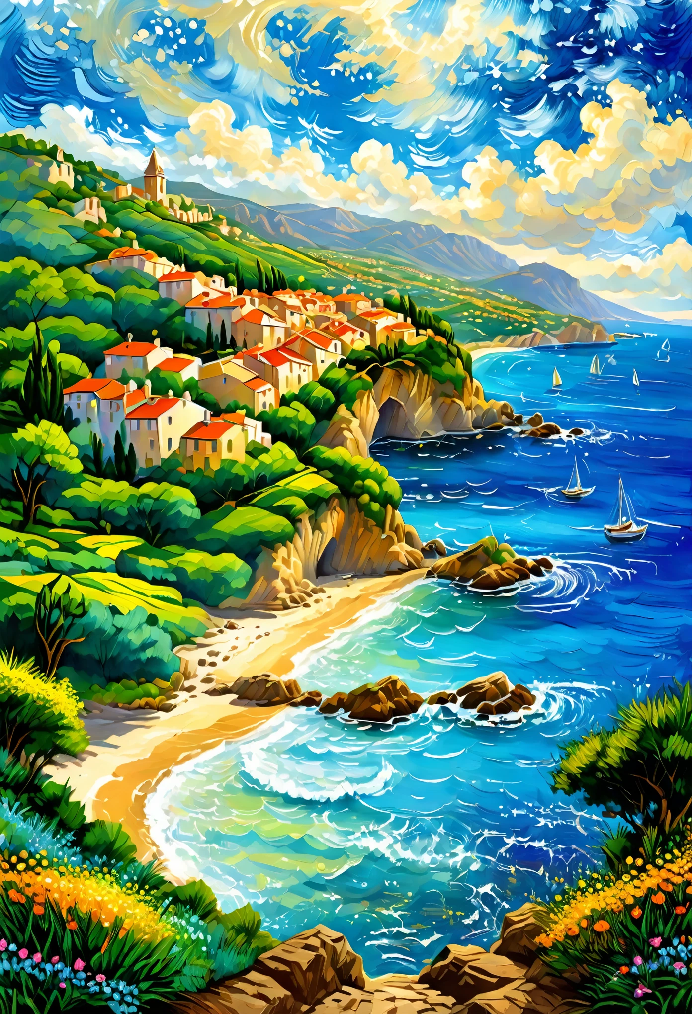 프렌치 리비에라, 프랑스 해안 풍경, 이 아름다운 관광 풍경을 대표하는 그림을 그려보세요, 마법 같은, Manuel Fernández García 스타일의 현대 미술 전문 화가가 그린, 걸작, 그 아름다움으로 상을 받은 그림, 선명하고 조화로운 색상, 잘 표시된 브러시 스트로크, 32K