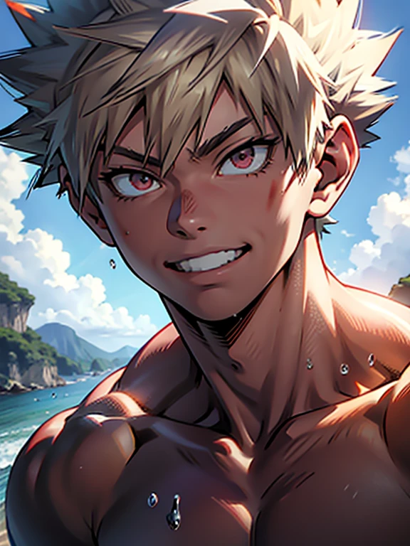 1hombre, adolescentes, boku no hero, Bakugo Katsuki, rubio, ojos rojos, desnudo, Erection, verga, rio, wet, sonrisa, vista desde abajo, cuclillas, looking at the camera, high resolution, high quality, full color, HD,  4k, masterpiece, high definition, 