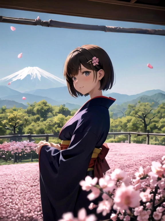 masterpiece, high quality, Very detailed, woman, short hair, hairpin, kimono, Spring flower, the wind is strong, Open Shrine, Pink petals, Fuji Mountain, Depth of written boundary, Blurred Background