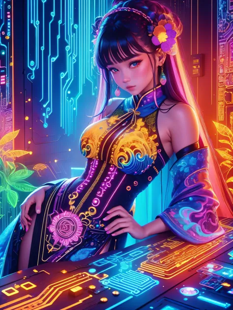 (Neon)，Circuit Board，(1 Girl:1.3)，Extremely detailed，(Fractal Art:1.2)，rich and colorful，The most detailed，(zentangle Neon:1.2)，(Dynamic poses)，(Neon几何背景:1.5)，(Traditional clothing:1.2)，(Glowing skin)，(Many colors:1.4)，Beautiful Girl，Dark Magic，Magical sha...