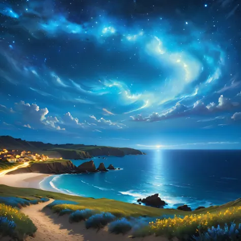 letitfourche,night，Starry Sky，Van Gogh style,(Coast glow blue,The wonderful blue coast),magical light,concept art,Depth of Field...