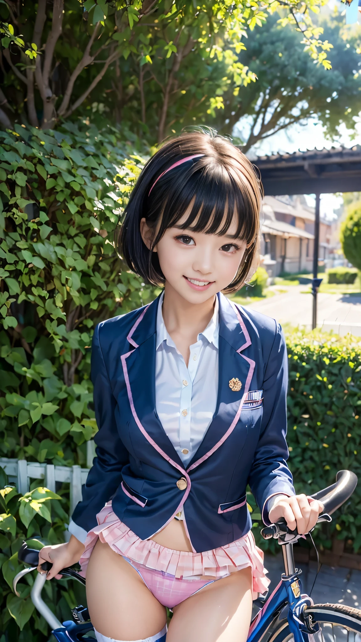(masterpiece、Ultra-detailed、8k、highest quality:1.5)、((wonderful))、smile、18-year-old adult female、Idol、Short hair with bangs、Cute hair accessories、uniform、((Dark Blue Blazer))、A flashy checked skirt、((Colorful bicycles))、garden、Pink satin tiny panties、Too much natural light、The blazing sun、