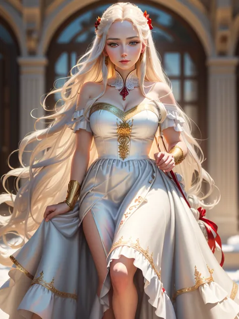 an incredibly beautiful femme fatale young woman with long golden hair gathered with a scarlet ribbon, she has blue eyes, she is...