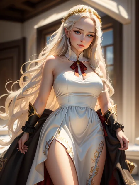 an incredibly beautiful femme fatale young woman with long golden hair gathered with a scarlet ribbon, she has blue eyes, she is...