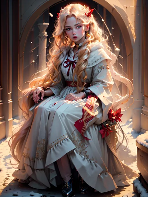 an incredibly beautiful femme fatale young woman with long golden hair gathered with a scarlet ribbon, she has blue eyes, she is...