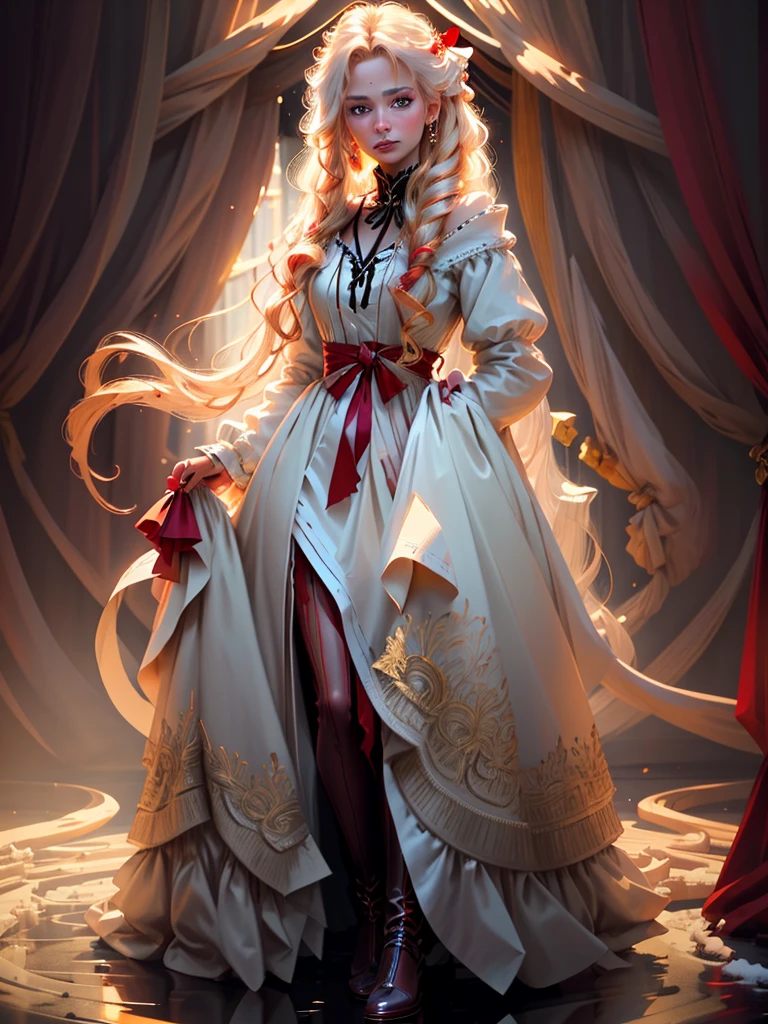 an incredibly beautiful femme fatale young woman with long golden hair gathered with a scarlet ribbon, she has blue eyes, she is wearing a snow-white flowing dress in the Greek style. Masterpiece, perfect image, realistic pictures, detailed face study, full-length image, 8k, detailed image. extremely detailed illustration, a real masterpiece of the highest quality, with careful drawing.