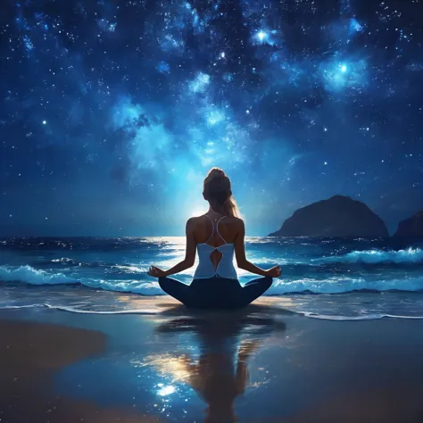 Full body photography of girl in lotus pose，Anatomically correct，Sitting on the blue coast，back view，The background is stars and...