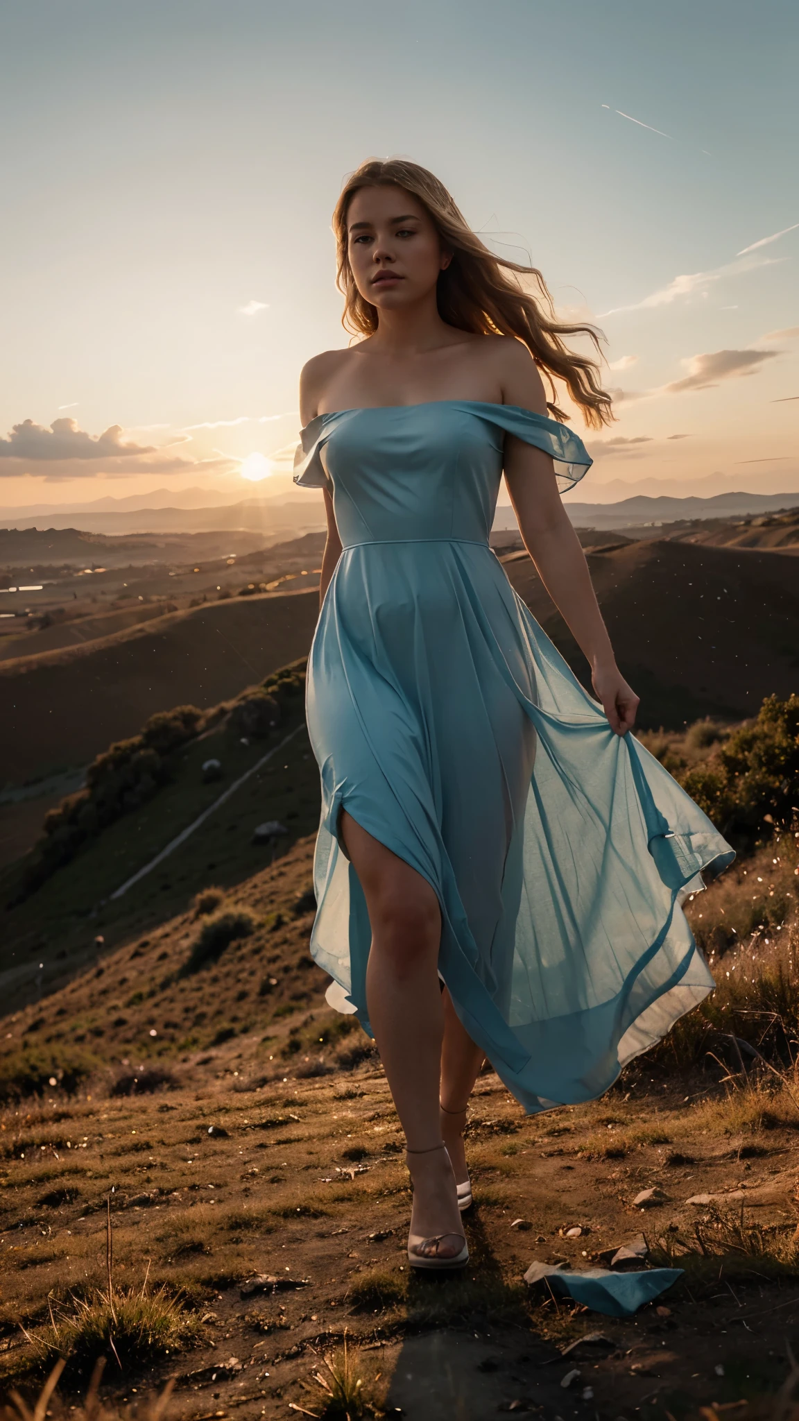Matt Cavotta의 매혹적인 디지털 작품, Unsplash 콘테스트 우승자, 단순한 얼음색 드레스를 입은 금발 머리의 여성이 등장합니다.. 그녀는 일몰 때 언덕을 우아하게 걷고 있다, 숨막히는 하늘을 배경으로. 사실적인 마법의 장면은 언덕 위에 서 있는 소녀를 보여줍니다., 지는 해에 시선을 고정한 채. The 시네마틱 portrait captures her in a dramatic, 전신샷, 황금시간대를 대비해 그녀의 실루엣을 선보이고 있다. The combination of the ethereal atmosphere and the dramatic lighting creates a mesmerizing 시네마틱 experience., 시네마틱