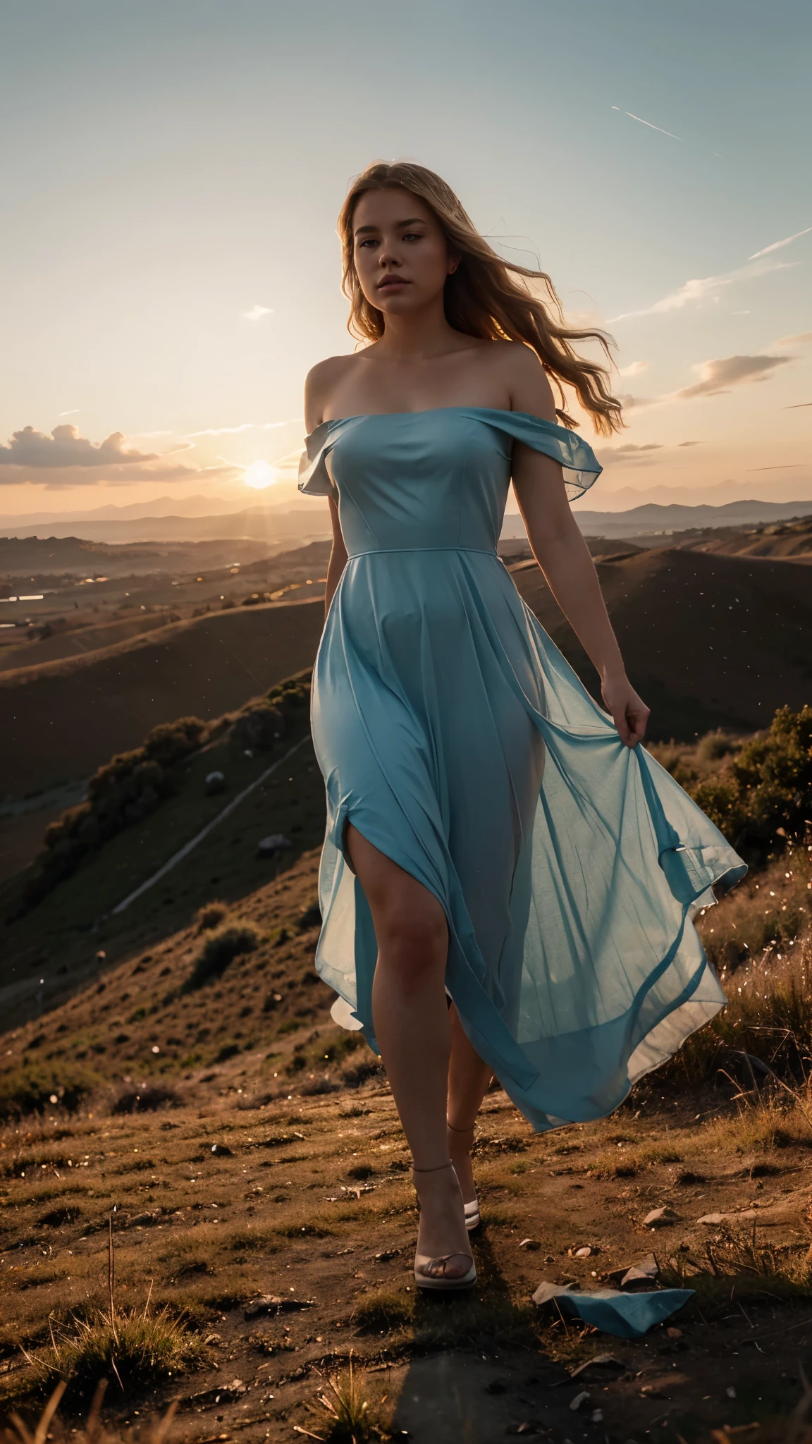 A captivating digital artwork by Matt Cavotta, winner of the Unsplash contest, featuring a blonde-haired woman wearing a simple icy blue gown. She is gracefully walking up a hill at sunset, with a breathtaking sky as the backdrop. The realistic magical scene showcases the girl standing on a hill, with her gaze fixed on the setting sun. The cinematic portrait captures her in a dramatic, full-body shot, showcasing her silhouette against the golden hour. The combination of the ethereal atmosphere and the dramatic lighting creates a mesmerizing cinematic experience., cinematic