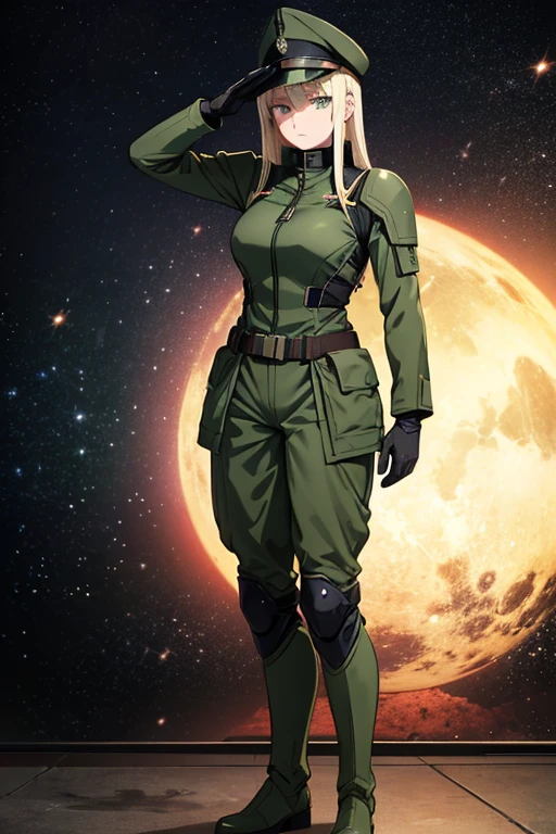 Anime Art、Full body portrait、Space Sci-Fi Soldier、The person attacking was a female soldier, about 165cm tall and about 28 years old, wearing a silver uniform.、Open mouth and screaming、Short bob silver hair、Silver Eyeilitary boots、Silver bulletproof vest、
