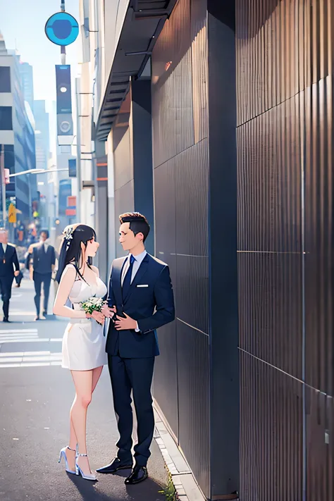 Three Men in Suits、two women in suits、Everyone is having a conversation、The background is the office