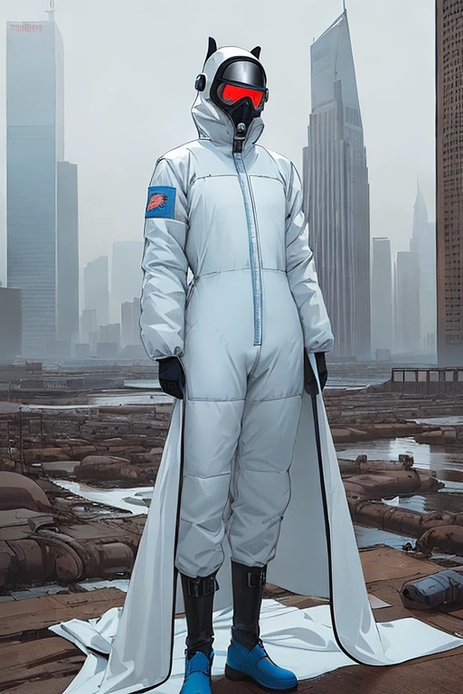 full body image,  (ultra detailed,ultra high res,detailed background),((2D)),((flat color)),((muted color)), 1solo, looking at viewer, white hazmat suit, (big red galoshes), plush collar, full body image, square helmet, ((smokey blue cityscape background)), ((apocalyptic city)), entire body in frame, 