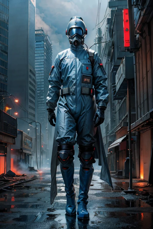 full body image, (ultra detailed,ultra high res,detailed background),((2D)),((flat color)),((muted color)), 1solo, looking at viewer, white hazmat suit, (big red galoshes), plush collar, full body image, square helmet, ((smokey blue cityscape background)), ((apocalyptic city)), entire body in frame, 