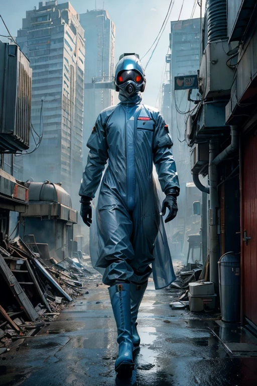 full body image, (ultra detailed,ultra high res,detailed background),((2D)),((flat color)),((muted color)), 1solo, looking at viewer, white hazmat suit, (big red galoshes), plush collar, full body image, square helmet, ((smokey blue cityscape background)), ((apocalyptic city)), entire body in frame, 