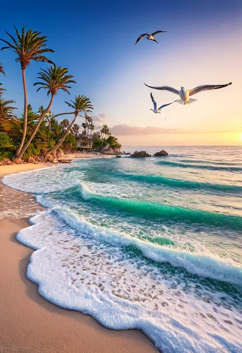 blue coast, landscape of a paradisiacal beach, palm trees, white sand, seagulls, beautiful waves breaking on the beach, sunset, ...