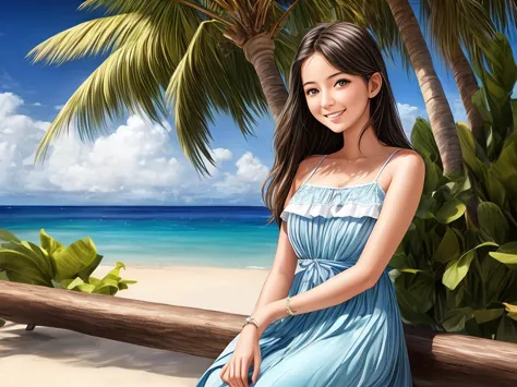 best quality,4k,highres,(realistic:1.37),girl in a blue coast,playful girl,blue sky,white clouds,coconut trees,illustration,ultr...