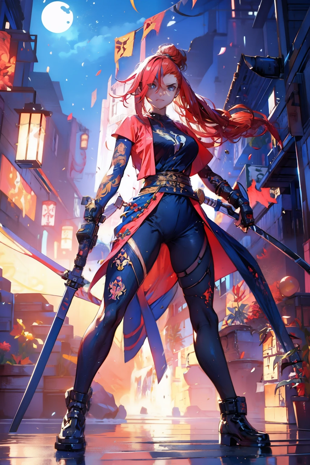 gorgeous woman, holding a giant katana on her shoulder, perfect face, ultra long hair, standing, ultra detailed face, kunoichi, perfect giant katana, heavy katana