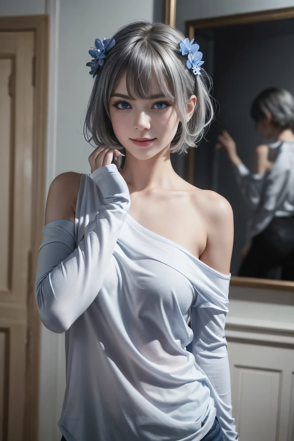 One girl, Bethel, blue eyes, Exposing shoulders, chest,中chest, short hair, Gray Hair, Hair on one eye, bangs, gloves, No sleeve, alone, shirt, fingerless gloves, white shirt, No sleeve shirt, Put your arms behind your back, Off the shoulder, horn, smile, Anatomically accurate depiction, (masterpiece), (highest quality), (16k raw photos:1.5), (Super detailed), indoor, Simple Background, blue flower, Cobalt Blue Flowers々, 